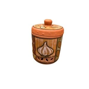 Terracotta Garlic Keeper Jar Hand Painted Rustic Ceramic Storage Crock with Lid